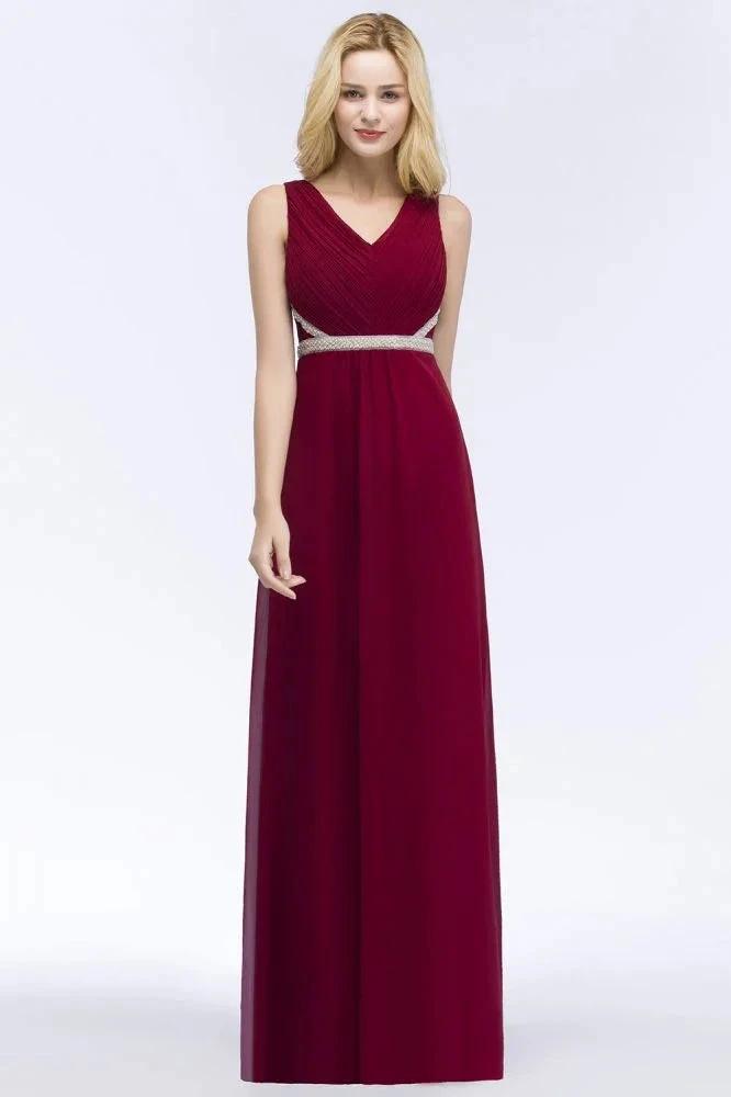 Plus Size A-line V-neck Long Sleeveless Ruffled Chiffon Bridesmaid Dresses with Beading Sash