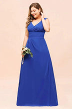 Plus Size Chiffon Sleeveless Royal Blue Bridesmaid  Dress V-neck Simple Wedding Dress
