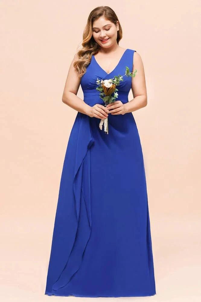 Plus Size Chiffon Sleeveless Royal Blue Bridesmaid  Dress V-neck Simple Wedding Dress