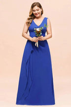 Plus Size Chiffon Sleeveless Royal Blue Bridesmaid  Dress V-neck Simple Wedding Dress