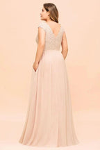 Plus Size Lace Pearl Pink Bridesmaid Dress Short Sleeves Side Split Wedding Party Dress