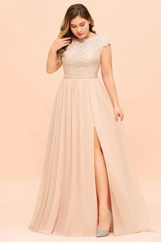 Plus Size Lace Pearl Pink Bridesmaid Dress Short Sleeves Side Split Wedding Party Dress