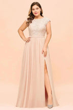 Plus Size Lace Pearl Pink Bridesmaid Dress Short Sleeves Side Split Wedding Party Dress