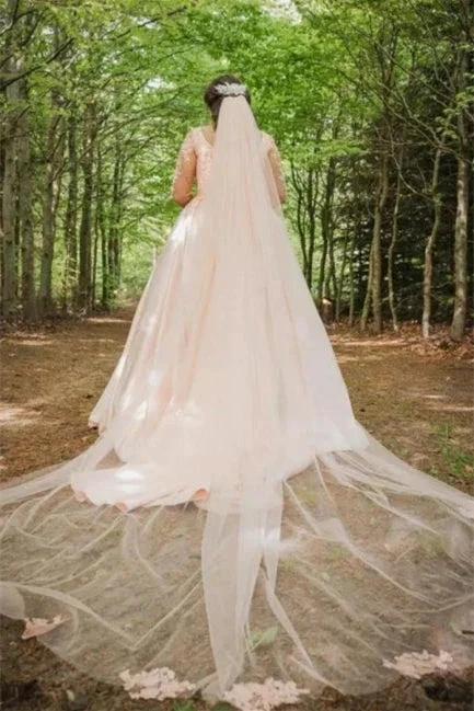 Plus Size Wedding Dress Floral Tulle A-line Bridal Gown with Long Sleeves
