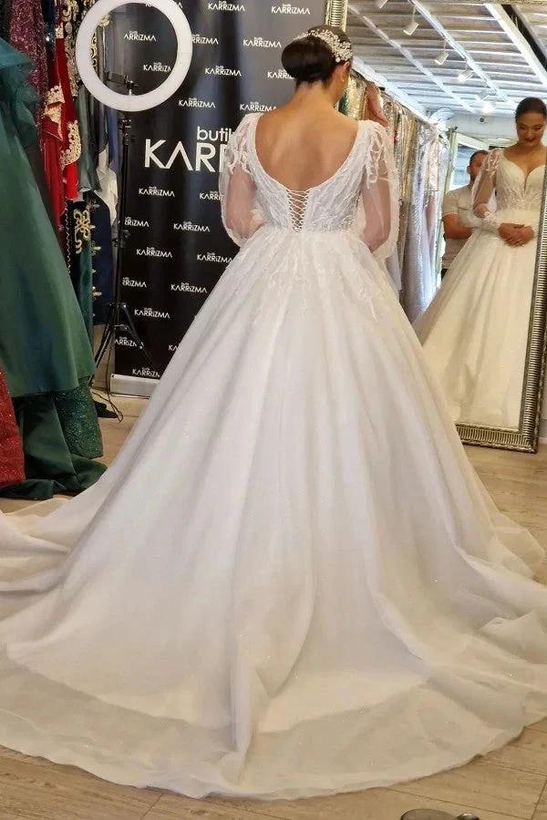Princess Long V-neck A-line Lace Wedding Dresses With Long Sleeves
