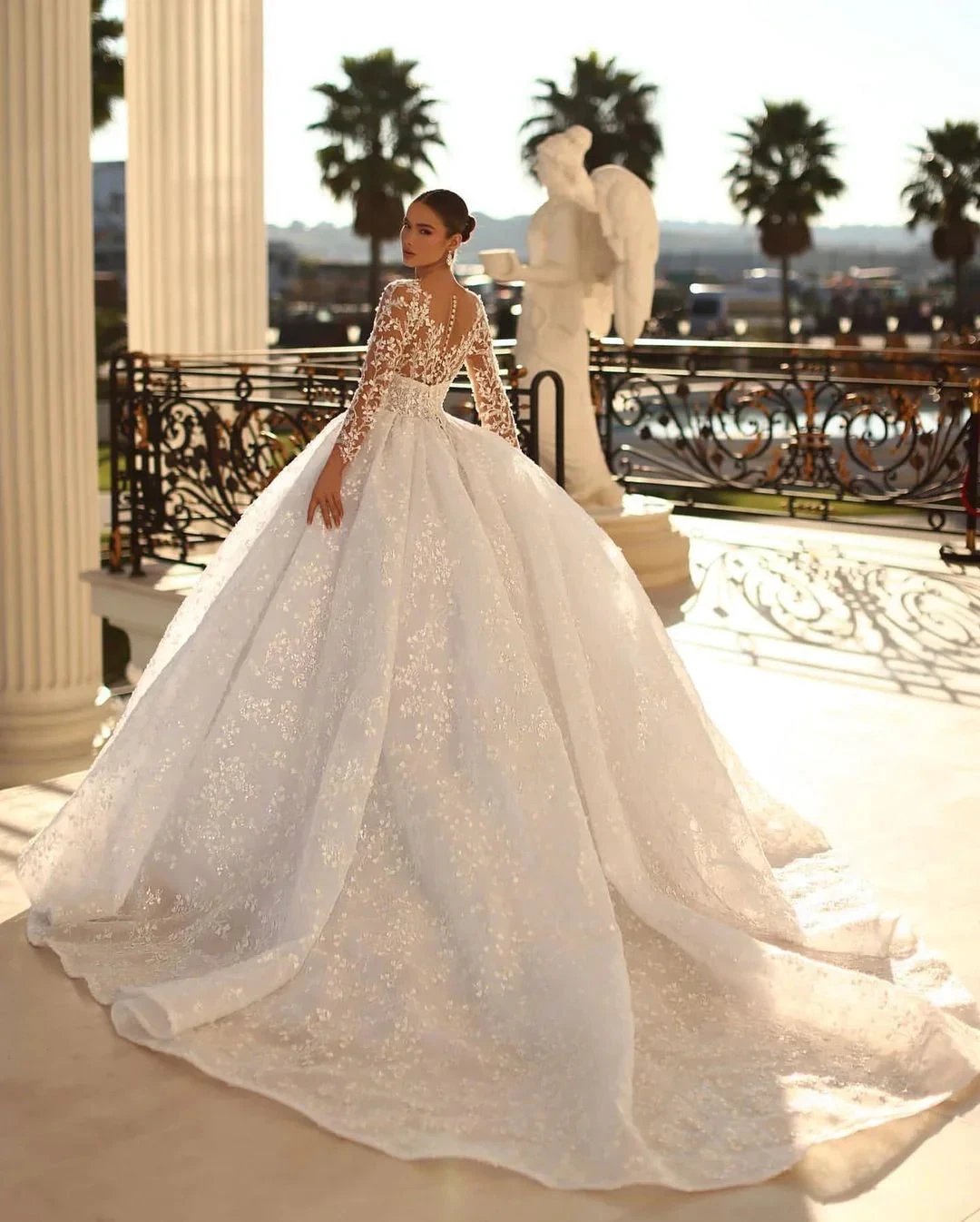 Princess Long White A-line V-neck Lace Wedding Dress With Long Sleeves