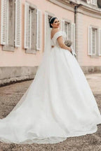 Princess Long White Off-the-shoulder A-line V-neck Organza Satin Wedding Dress