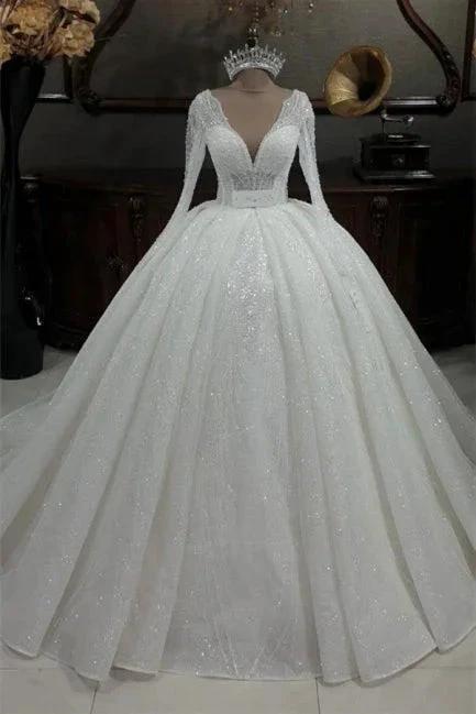 Princess V-neck Glitter A-line Wedding Dresses With Sleeves