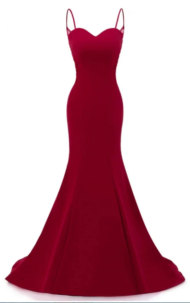 Dark Red Straps Long Prom Dresses Mermaid Evening Dresses Dark Red Formal Dresses Y1037