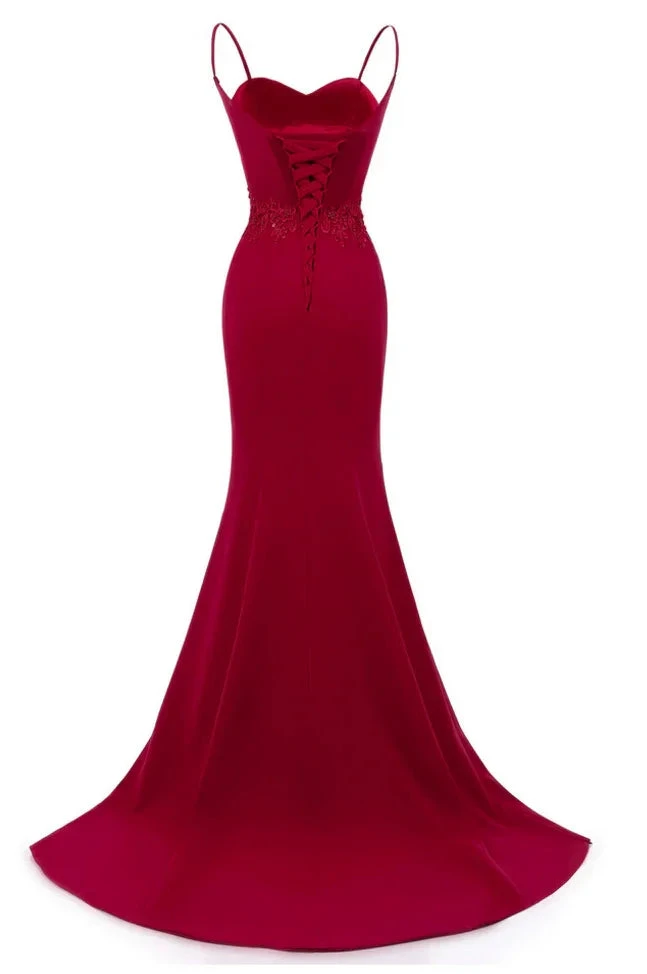 Dark Red Straps Long Prom Dresses Mermaid Evening Dresses Dark Red Formal Dresses Y1037