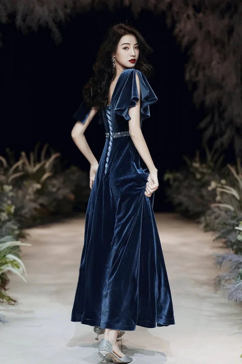 Blue evening dress custom made elegant dress sexy prom dress velvet dress custom made Y1172