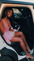 Cute V Neck Pink Short Homecoming Dress and Bottom Tulle Ruffles Pink Birthday Outfit Dress  Y762