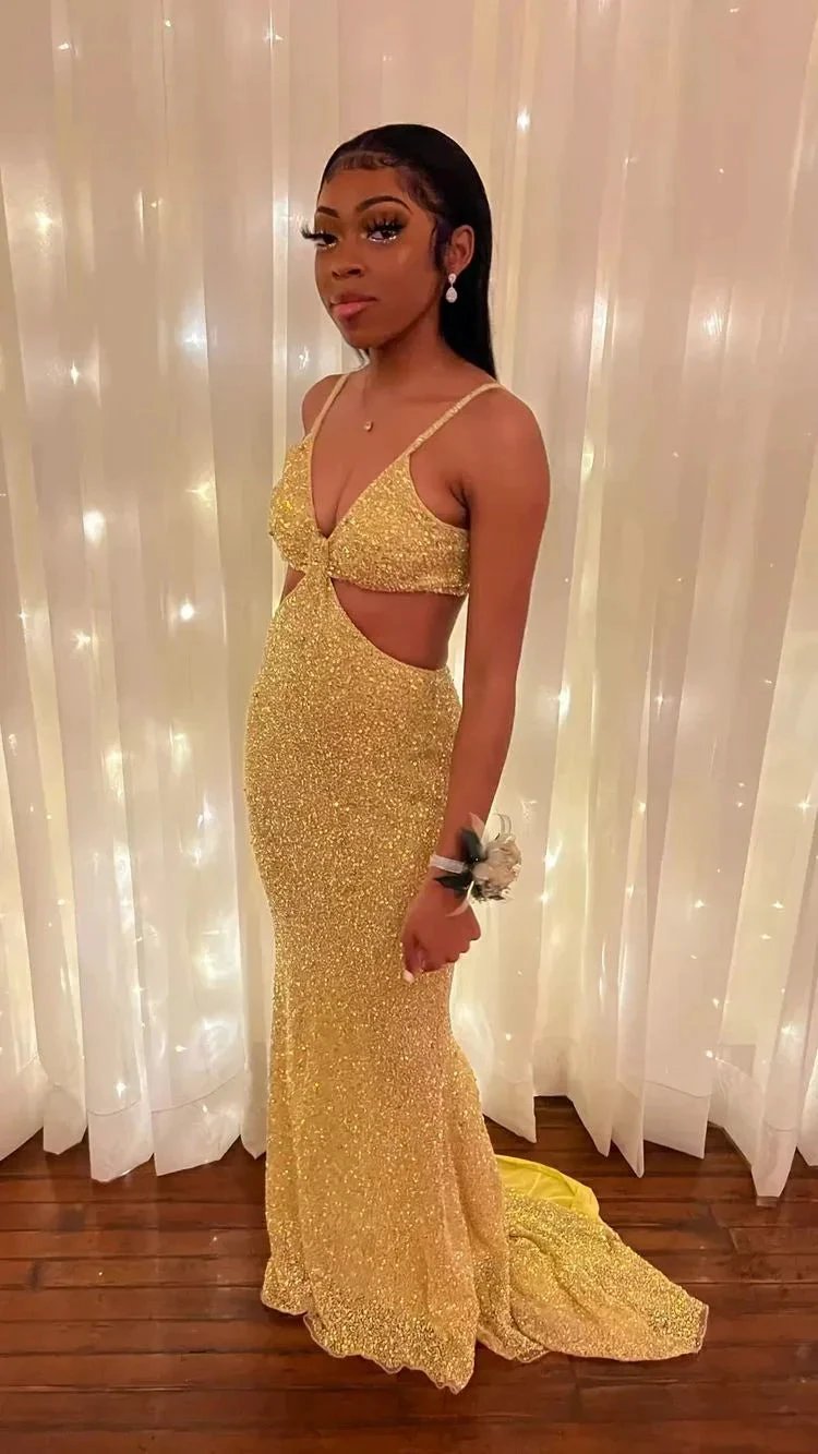 Sparkly Gold Sleeveless Mermaid Evening Dress Sexy Prom Dress For Black Girls Y813