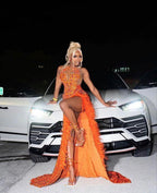 Sexy Orange Sleeveless Evening Dress With High Slit, Luxury Evening Gown Y998