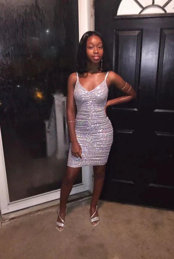 Gorgeous V Neck White Sequins Party Dress Cocktail Dress Short Homecoming Dress Y830