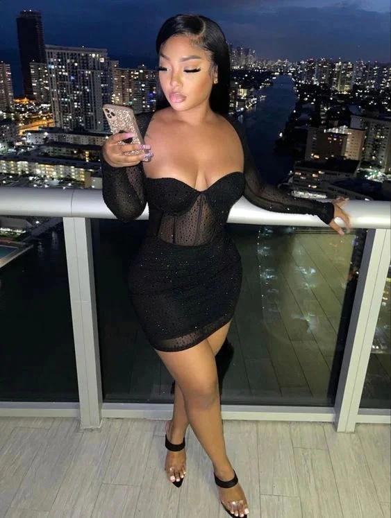 Black Long Sleeves Bodycon Dress Sexy Cocktail Dress Mini Homecoming Dress Y837
