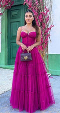 A-line Spaghetti Straps Tulle Prom Dress Elegant Evening Dress Y1073