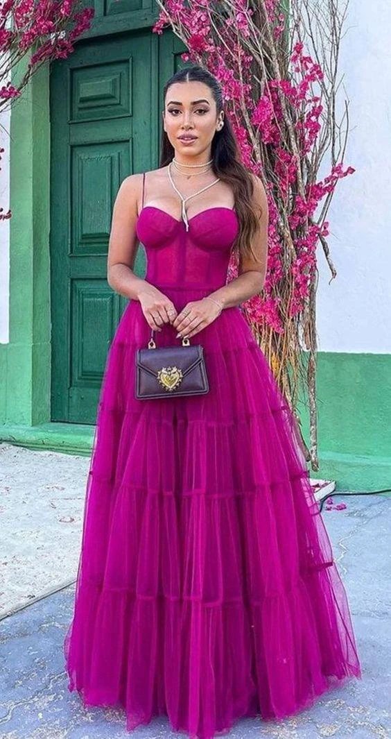 A-line Spaghetti Straps Tulle Prom Dress Elegant Evening Dress Y1073
