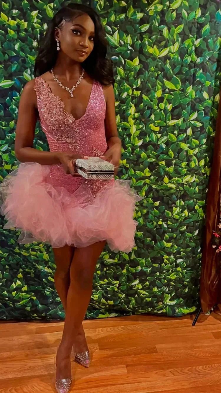 Cute V Neck Pink Short Homecoming Dress and Bottom Tulle Ruffles Pink Birthday Outfit Dress  Y762