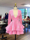 Pink Cocktail Dresses Women's A-Line V-Neck Long Sleeve Homecoming Dress Y788