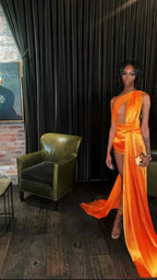 Orange Sleeveless Satin Sexy Party Dress ,21th Birthday Outfit Dress, Sexy Evening Dress Y782