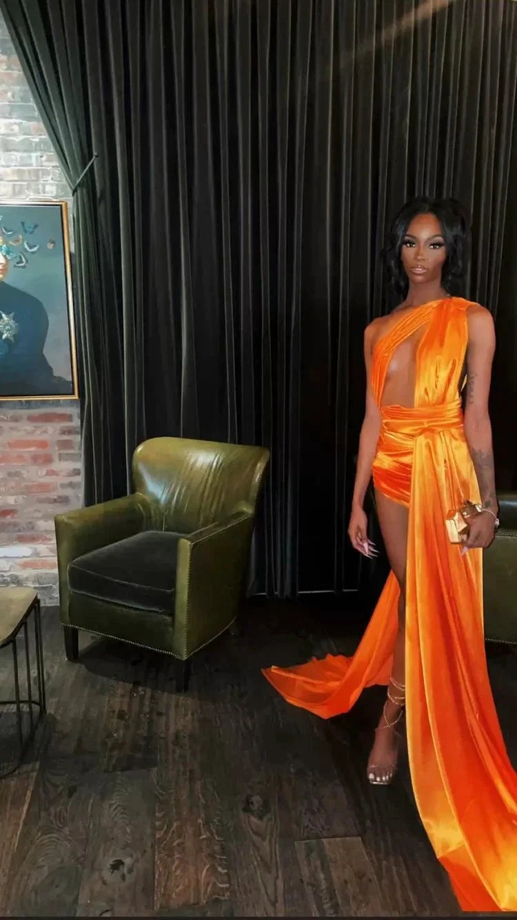 Orange Sleeveless Satin Sexy Party Dress ,21th Birthday Outfit Dress, Sexy Evening Dress Y782