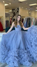 Charming Blue Strapless Tulle Evening Dress With Bottom Ruffles Generous Blue Evening Gown  Y812