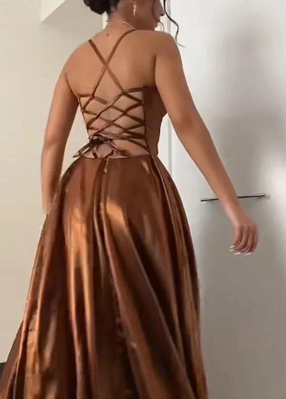 Brown V Neck Criss-Cross Back Spaghetti Strap Evening Dress Y799