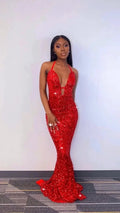Charming Mermaid Red Sequins Long Prom Dresses,Sexy Red Evening Dress Y1693