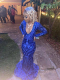 Sparkle Royal Blue Sequin Long Sleeves Mermaid Evening Dresses Y1663