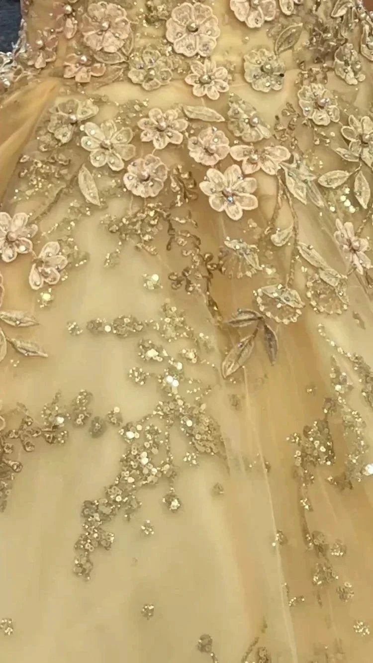 Luxurious Champagne V Neck Quinceanera Dress Princess Dress Champagne Ball Gown Y593