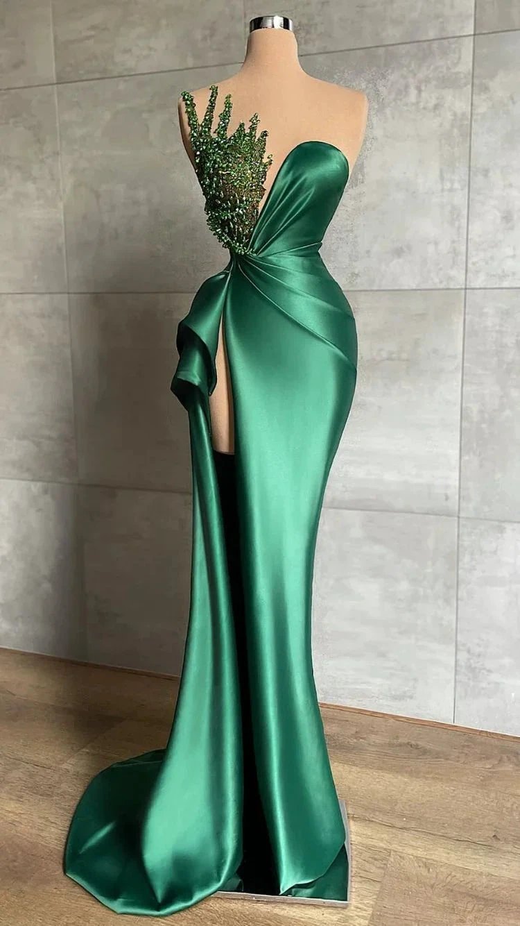 Plunging V-Neck Beads Long Formal Evening Dress Emerald Green Evening Gown High Split Y596