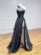 Black Tulle One Shoulder Long Prom Dress with Leg Slit Black Evening Gown Y1146