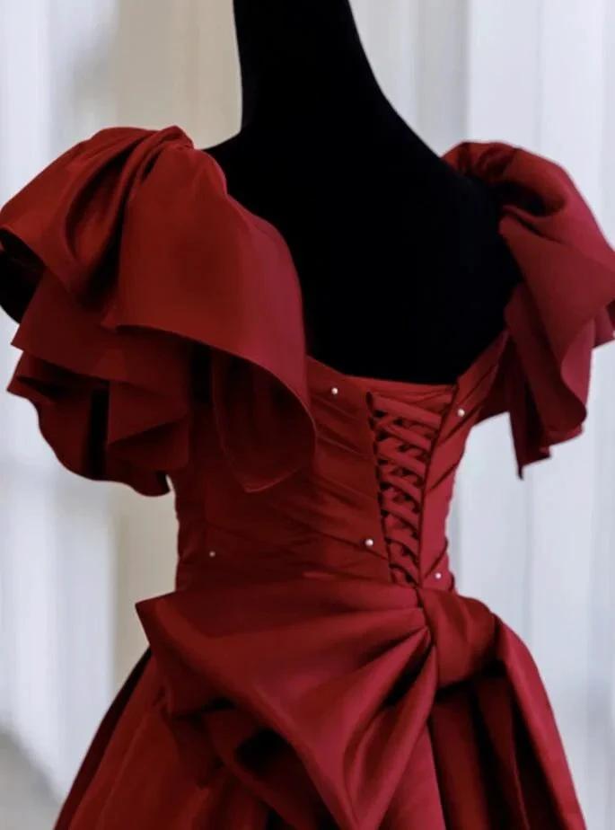 A line Burgundy satin long prom dress evening dress Y1183