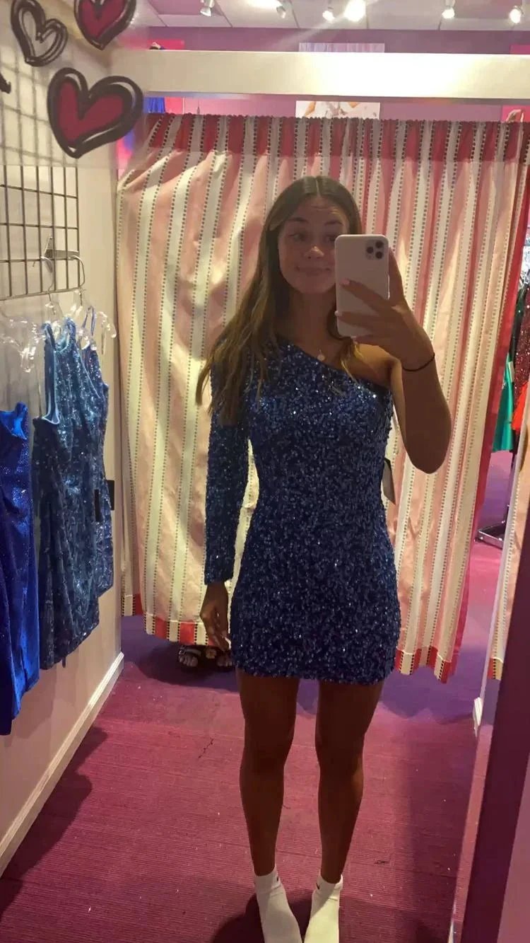 Shiny One Sleeve Sequins Short Homecoming Dress Party Dress Y1199