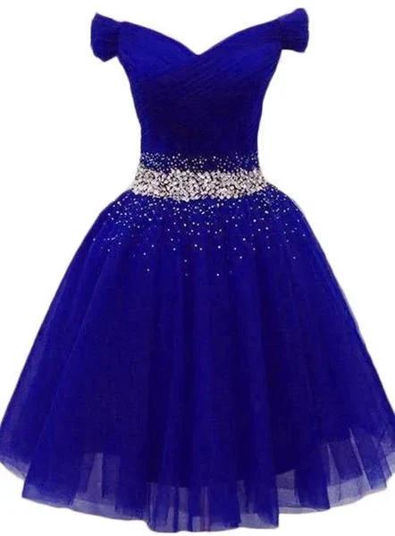 Charming Royal Blue Tulle Party Dress Beaded Short Homecoming Dress Y675