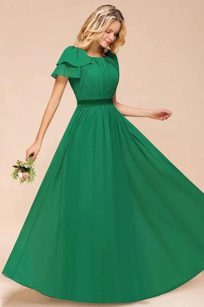 Puff Sleeve Floor Length Bridesmaid Dress A-line Wedding Guest Dress