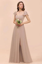 Puff Sleeve Khaki Bridesmaid Dress Side Spolit Maid of honor dress