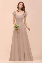 Puff Sleeve Khaki Bridesmaid Dress Side Spolit Maid of honor dress