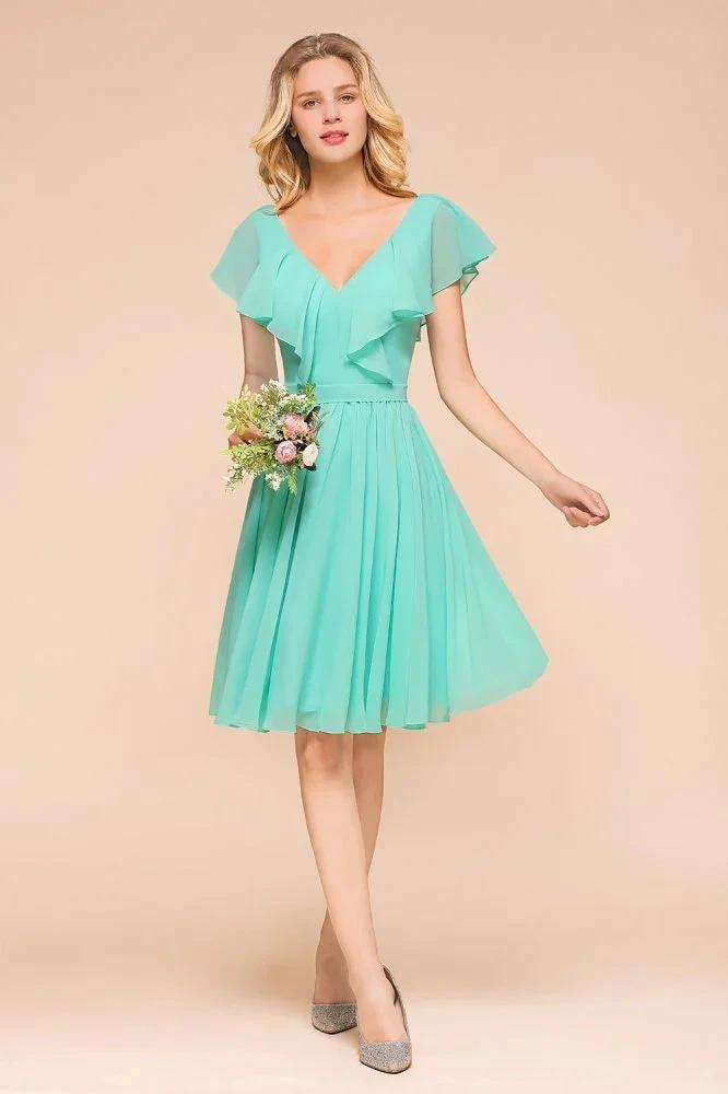 Puffy Knee Length Bridesmaid Dress Chiffon V-Neck Casual Short Dress