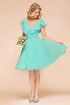 Puffy Knee Length Bridesmaid Dress Chiffon V-Neck Casual Short Dress