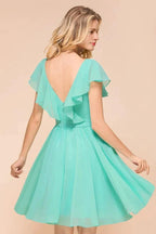Puffy Knee Length Bridesmaid Dress Chiffon V-Neck Casual Short Dress