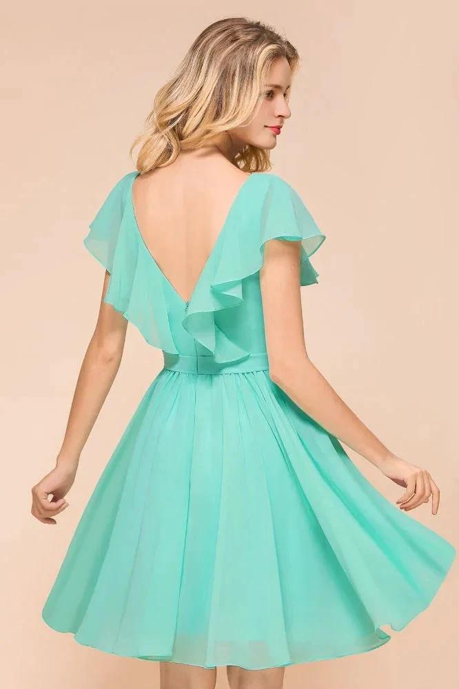 Puffy Knee Length Bridesmaid Dress Chiffon V-Neck Casual Short Dress