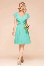Puffy Knee Length Bridesmaid Dress Chiffon V-Neck Casual Short Dress