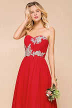 Red Charming Strapless Appliques Evening Maxi Dress Wedding Party Dress