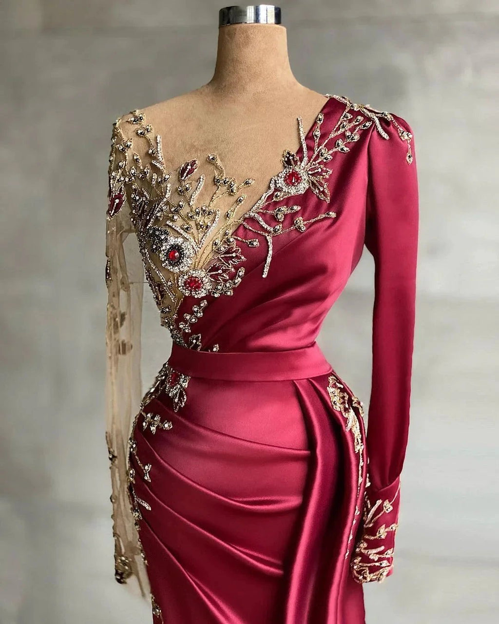 Red evening dress floor-length prom dresses with sleeves