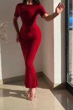 Red Jewel Short-Sleeve Mermaid Glitter Prom Dresses