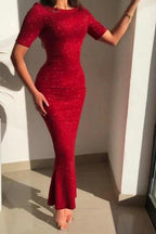 Red Jewel Short-Sleeve Mermaid Glitter Prom Dresses