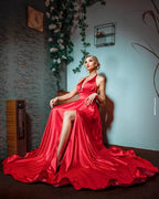 Red Long A-line Halter Satin Prom Dress with Slit