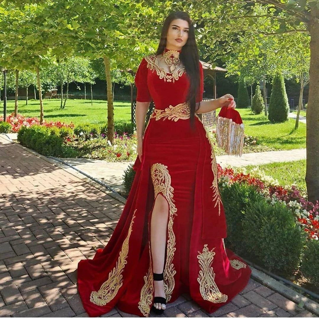 Red Long A-line Sweetheart Appliques Lace Split Velvet Prom Dress with Sleeves